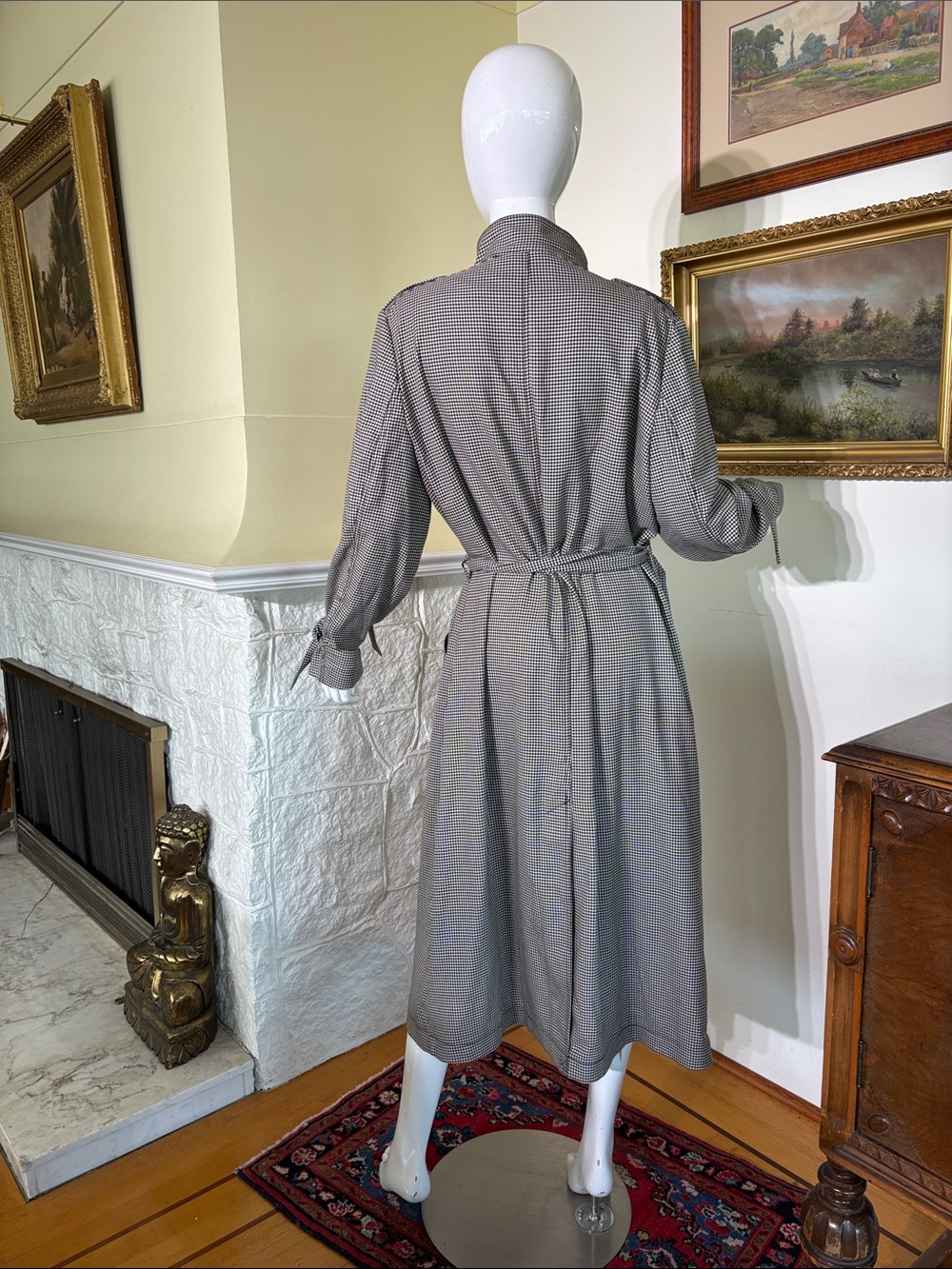 H&M Houndstooth Belted Trench Coat Dress Stand Up Collar - Size 14 - Picture 5 of 10